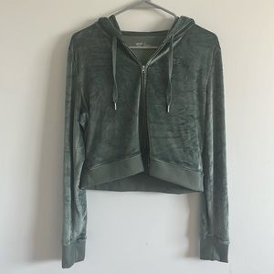 Aerie light army green cropped velvet hoodie size large